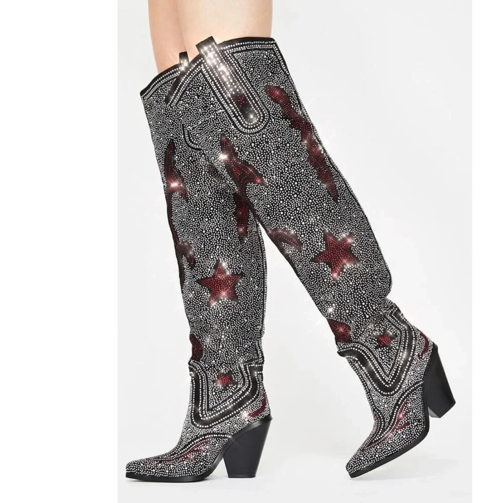 NWOT Azalea Wang Jolee Knee High Rhinestone Cowboy Boots - Picture 1 of 5